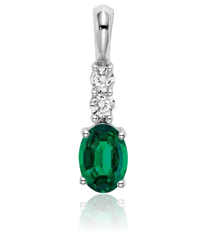 14K Solid White Gold Oval Lab Green Emerald Diamond Necklace Charm Gemstone Pendant May Birthstone Jewelry