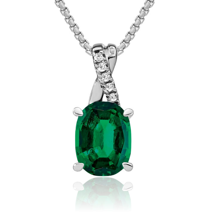 14K Solid White Gold Oval Lab Green Emerald Diamond Necklace Charm Gemstone Pendant