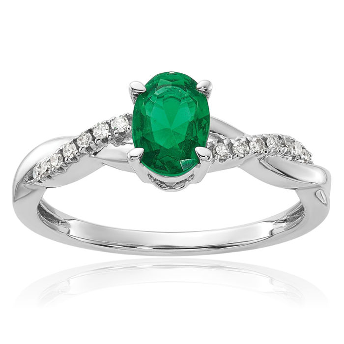 14K Solid White Gold Oval Lab Green Emerald Diamond Ring May Birthstone Jewelry