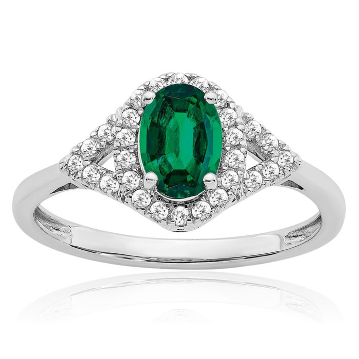 14K Solid White Gold Oval Lab Green Emerald Diamond Ring May Birthstone Jewelry