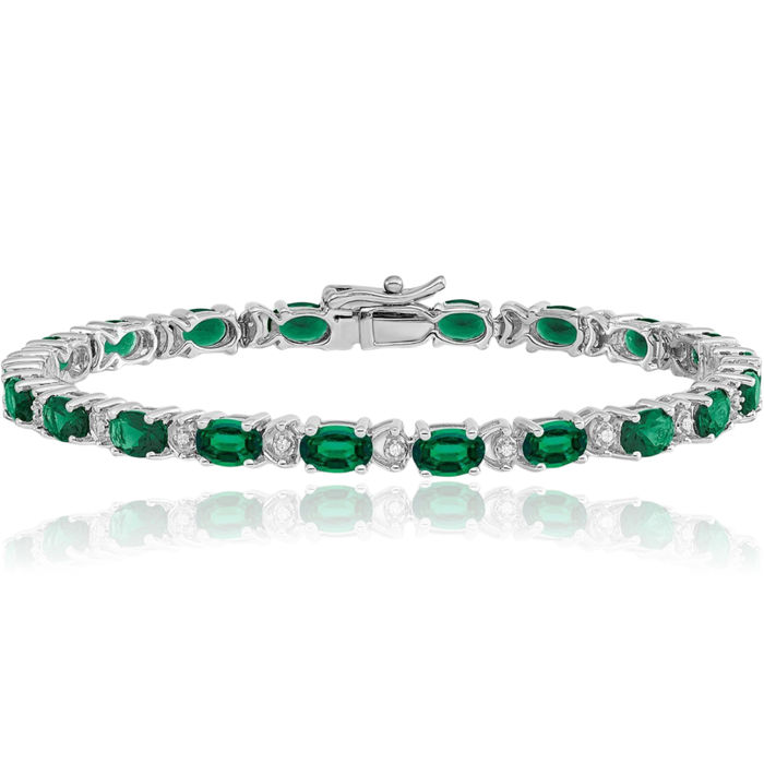 14K Solid White Gold Oval Lab Green Emerald Diamond Chain Gemstone Tennis Bracelet