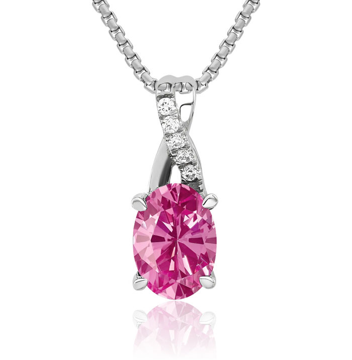 14K Solid White Gold Oval Lab Pink Sapphire Diamond Necklace Gemstone Pendant Charm April October Birthstone Jewelry