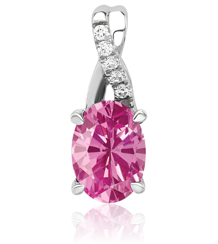 14K Solid White Gold Oval Lab Pink Sapphire Diamond Necklace Gemstone Pendant Charm April October Birthstone Jewelry