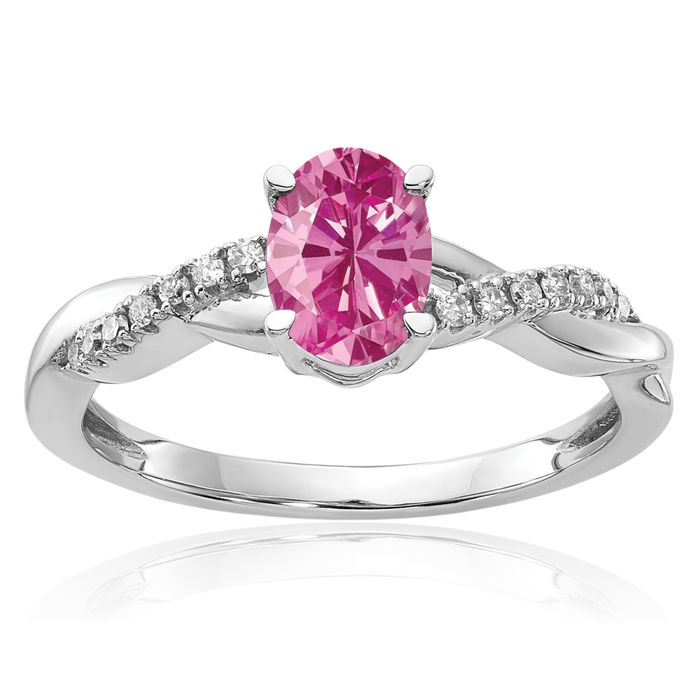 14K Solid White Gold Oval Lab Pink Sapphire Diamond Ring October Birthstone Jewelry