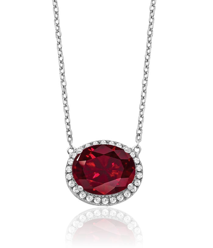 14K Solid White Gold Oval Lab Red Ruby Diamond Halo Chain Necklace Gemstone Pendant Charm