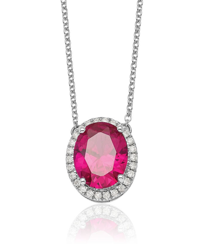 14K Solid White Gold Oval Lab Red Ruby Diamond Halo Chain Necklace Gemstone Pendant Charm