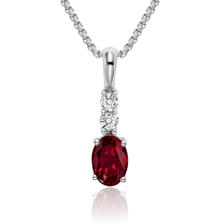 14K Solid White Gold Oval Lab Red Ruby Diamond Necklace Charm Gemstone Pendant July Birthstone Jewelry