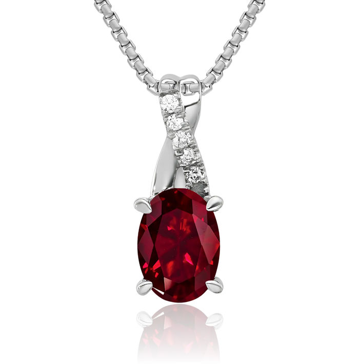 14K Solid White Gold Oval Lab Red Ruby Diamond Necklace Charm Gemstone Pendant