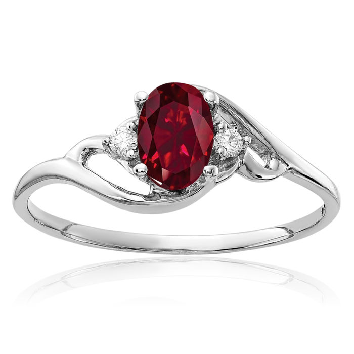 14K Solid White Gold Oval Lab Red Ruby Diamond Ring July Birthstone Jewelry
