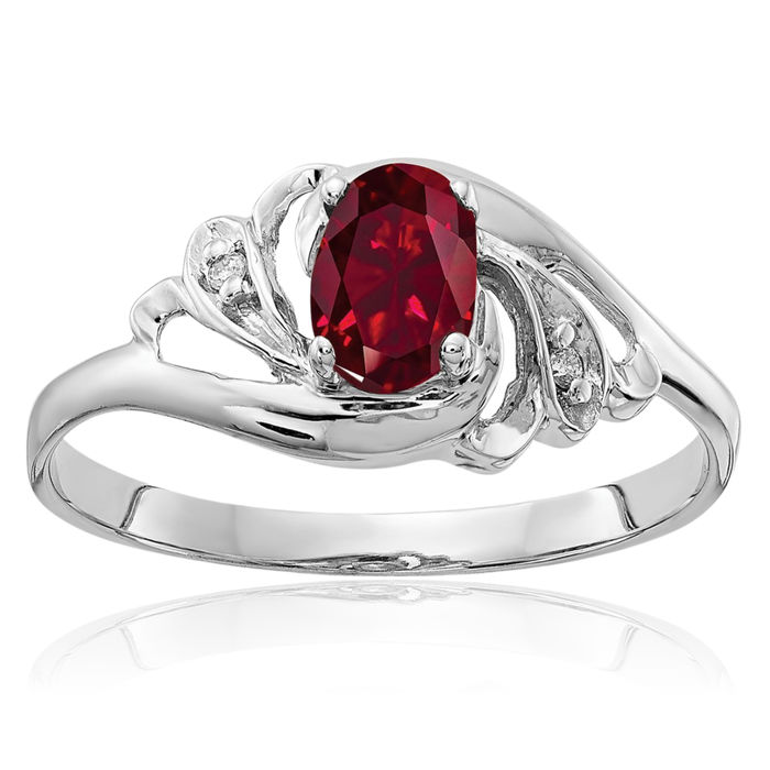 14K Solid White Gold Oval Lab Red Ruby Diamond Ring July Birthstone Jewelry