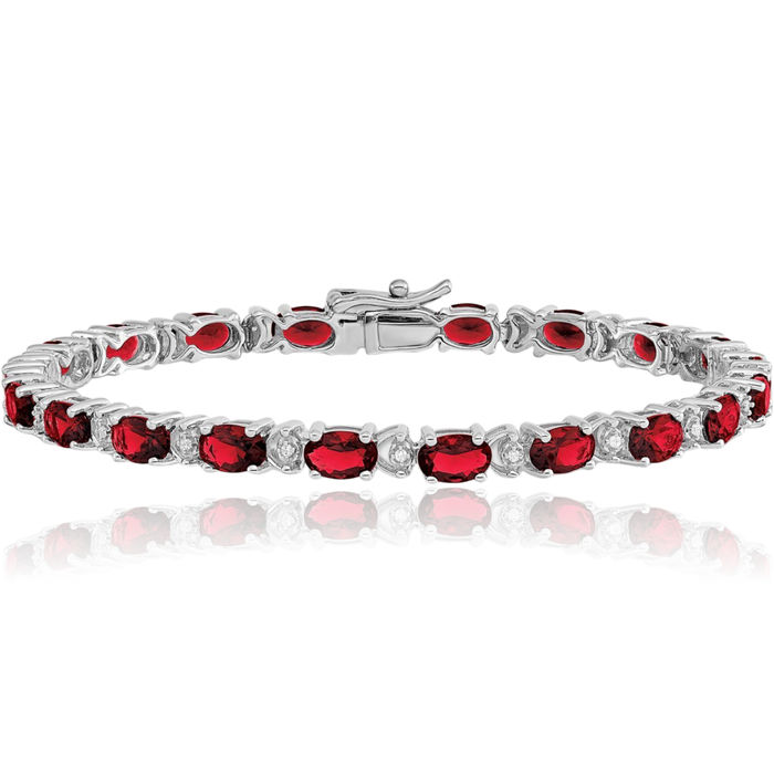 14K Solid White Gold Oval Lab Red Ruby Diamond Chain Gemstone Tennis Bracelet