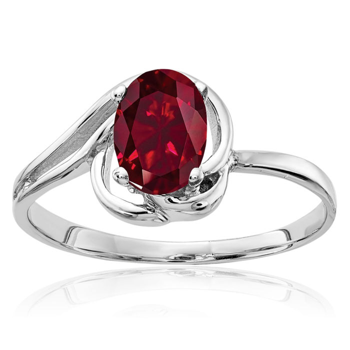 14K Solid White Gold Oval Lab Red Ruby Ring July Birthstone Jewelry