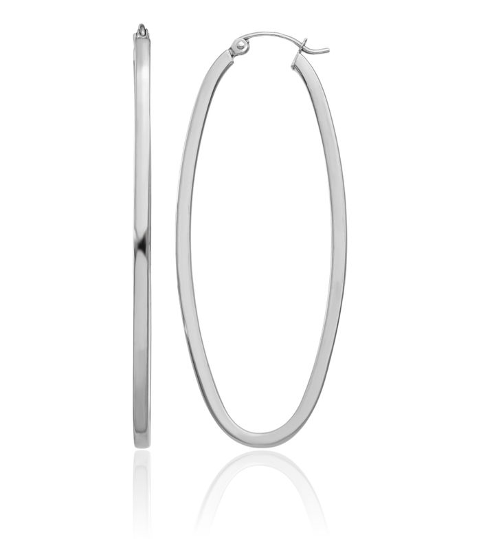 14K Solid White Gold Oval Large Hoop Earrings