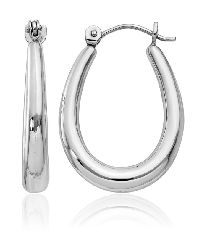 14K Solid White Gold Oval Large Hoop Earrings