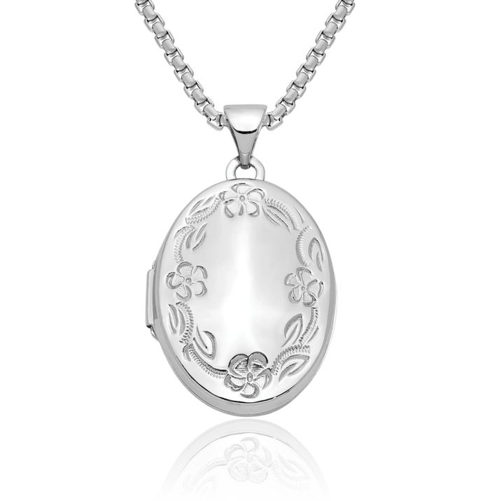 14K Solid White Gold Oval Leaf Flower Personalized Photo Locket Necklace Picture Pendant Charm