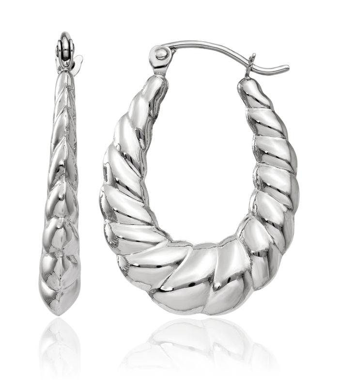 14K Solid White Gold Oval Medium Hoop Earrings