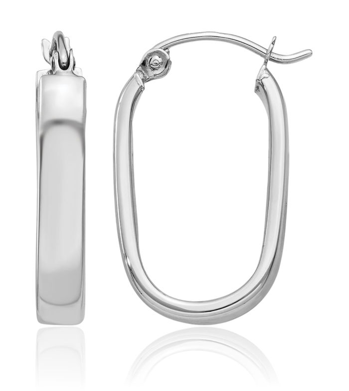 14K Solid White Gold Oval Tube Medium Hoop Earrings
