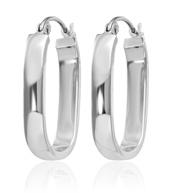 14K Solid White Gold Oval Tube Medium Hoop Earrings