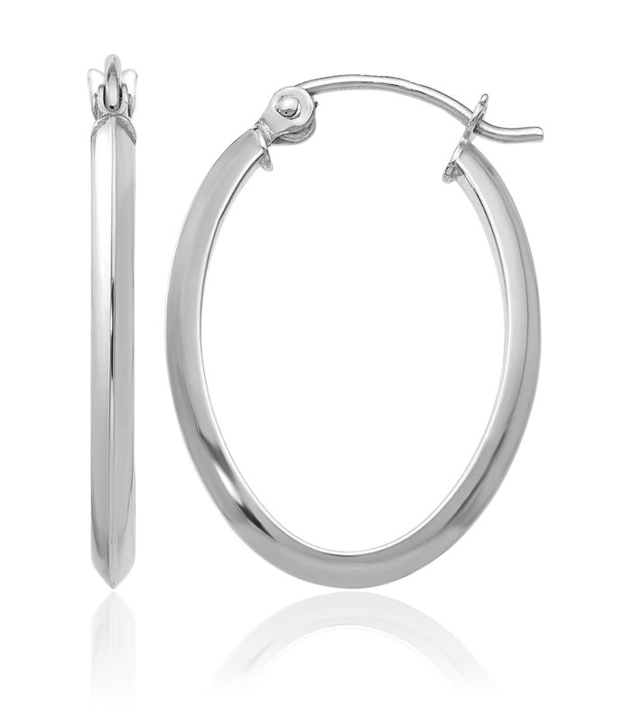 14K Solid White Gold Oval Tube Medium Hoop Earrings