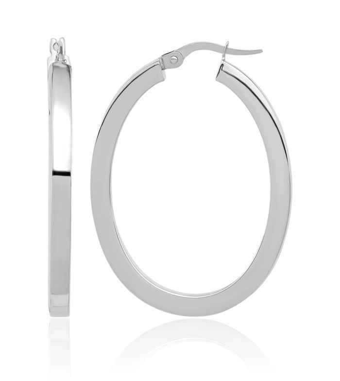 14K Solid White Gold Oval Medium Hoop Earrings