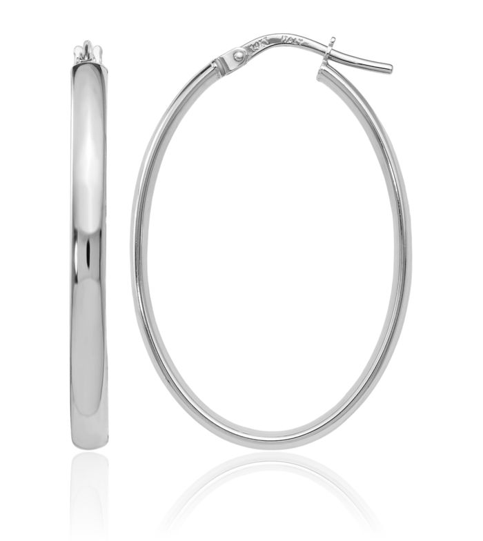 14K Solid White Gold Oval Medium Hoop Earrings