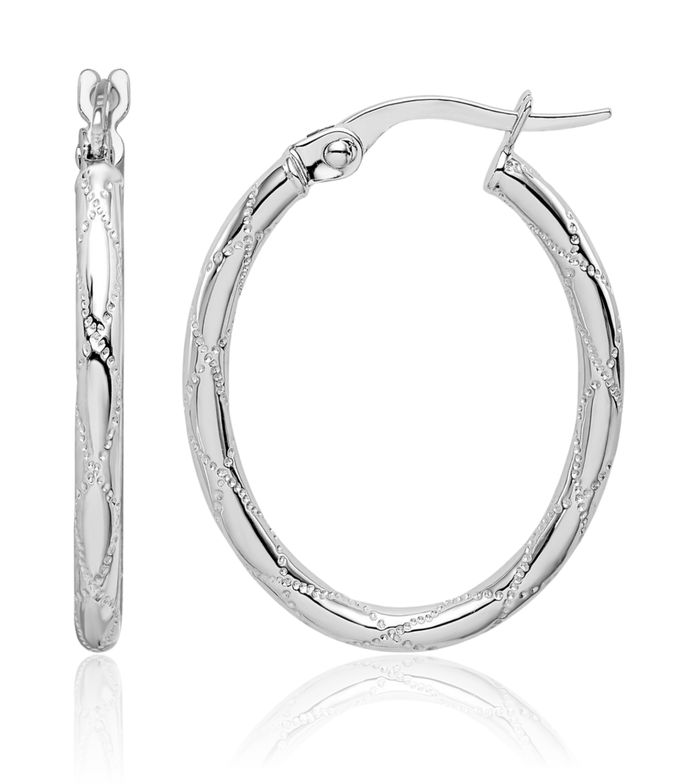 14K Solid White Gold Oval Medium Hoop Earrings