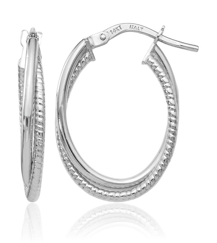 14K Solid White Gold Oval Medium Hoop Earrings