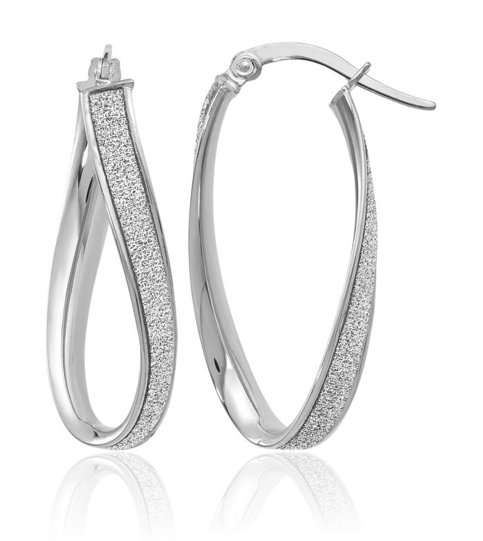 14K Solid White Gold Oval Medium Hoop Earrings