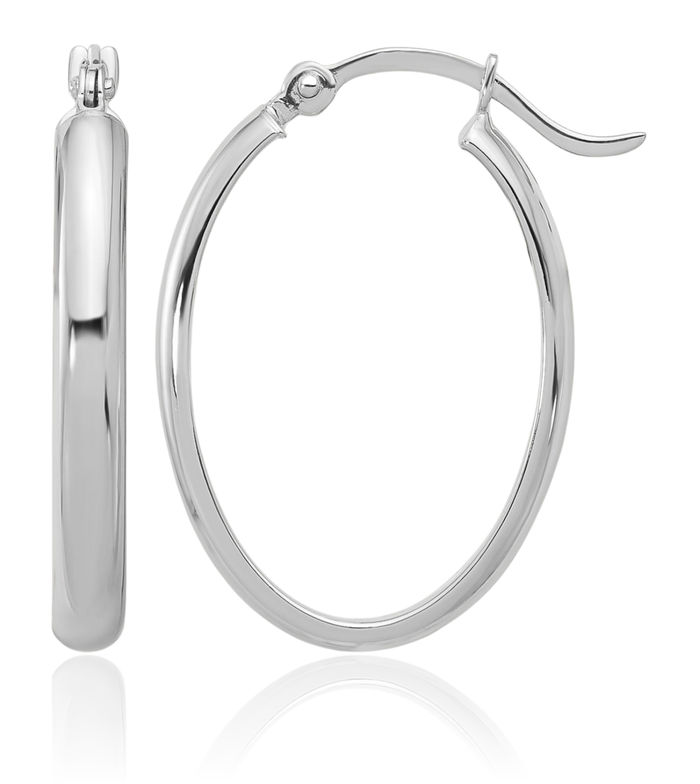 14K Solid White Gold Oval Medium Hoop Earrings
