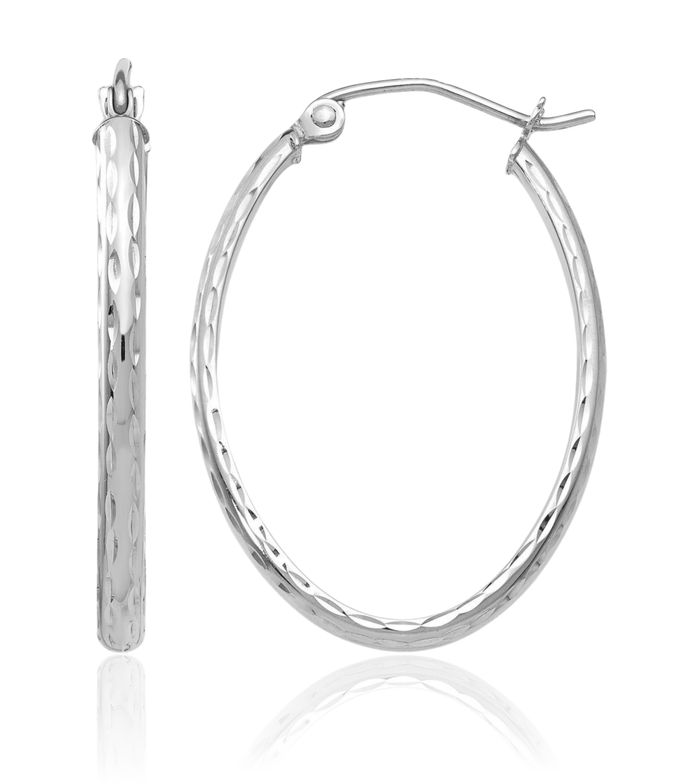 14K Solid White Gold Oval Medium Hoop Earrings