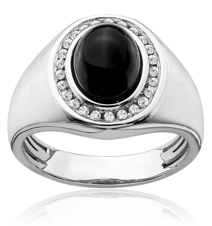 14K Solid White Gold Oval Black Onyx Diamond Mens Ring