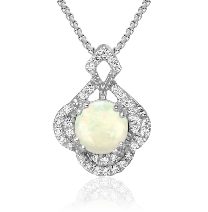 14K Solid White Gold Oval Opal Diamond Vintage Floating Chain Slide Gemstone Pendant Necklace Charm