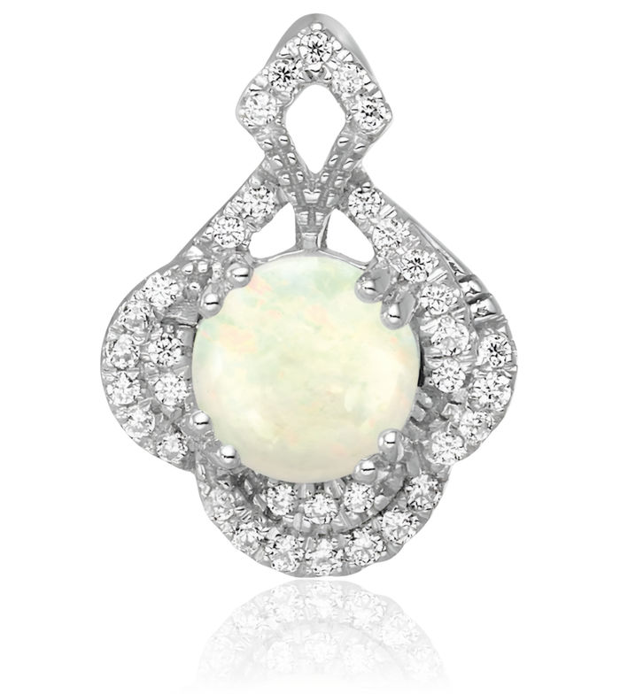 14K Solid White Gold Oval Opal Diamond Vintage Floating Chain Slide Gemstone Pendant Necklace Charm