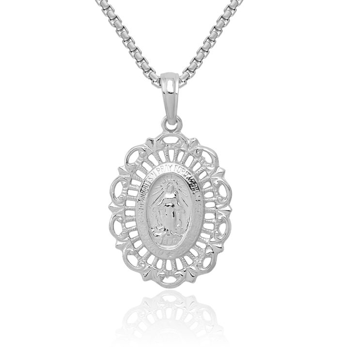 14K Solid White Gold Oval Our Lady of Miraculous Medal Blessed Virgin Mary Necklace Chain Pendant Charm