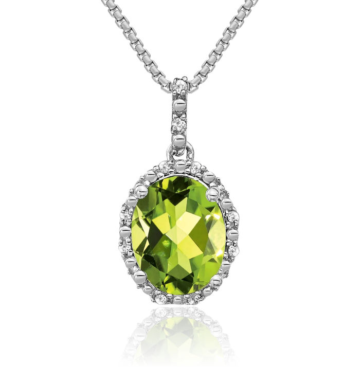 14K Solid White Gold Oval Green Peridot Diamond Halo Necklace Charm Gemstone Pendant