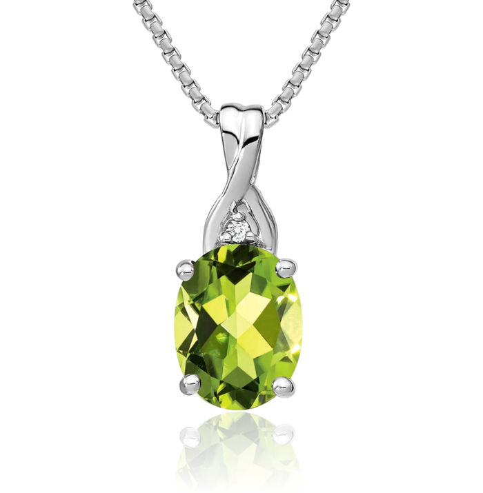 14K Solid White Gold Oval Green Peridot Diamond Necklace Charm Gemstone Pendant