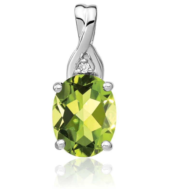 14K Solid White Gold Oval Green Peridot Diamond Necklace Charm Gemstone Pendant