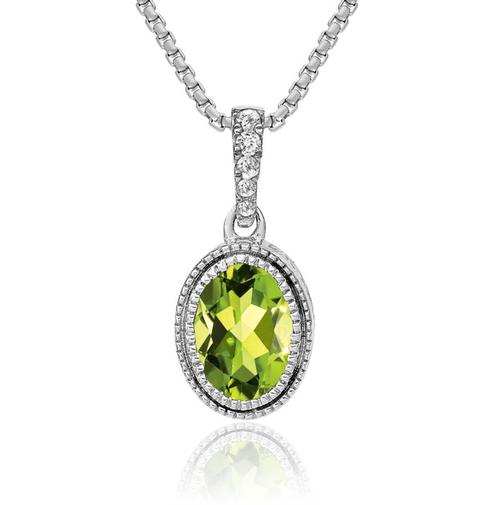 14K Solid White Gold Oval Green Peridot Diamond Necklace Charm Gemstone Pendant