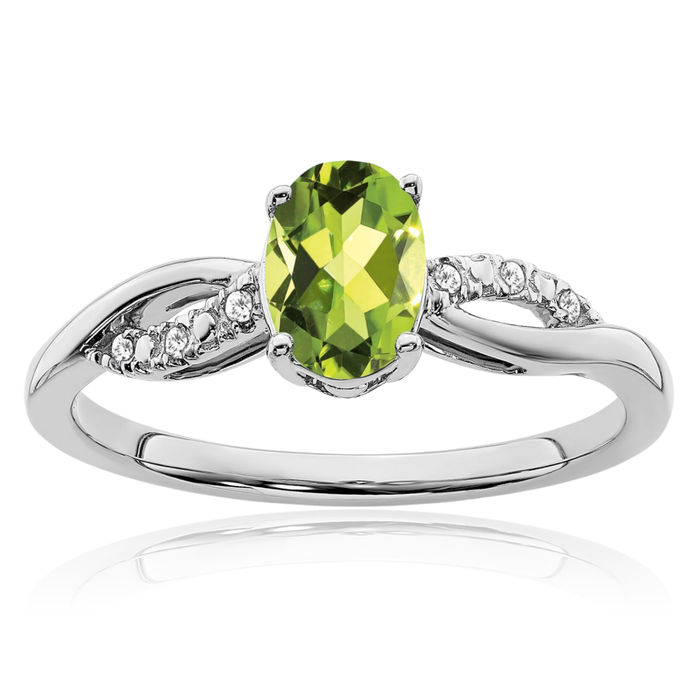 14K Solid White Gold Oval Green Peridot Diamond Ring Gemstone Band August Birthstone Jewelry