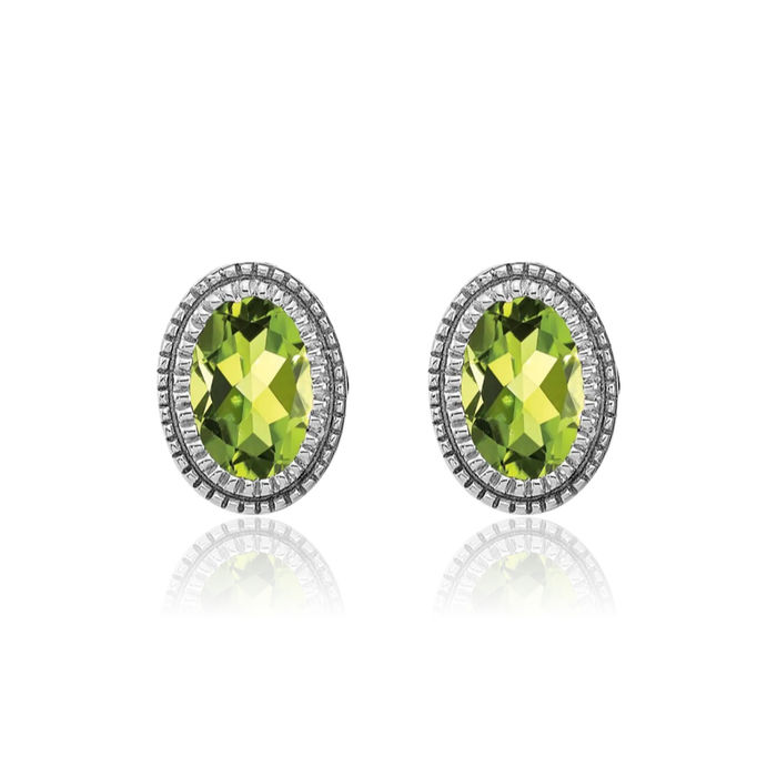 14K Solid White Gold Oval Green Peridot Diamond Stud Earrings August Birthstone Jewelry