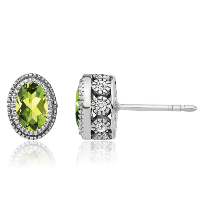 14K Solid White Gold Oval Green Peridot Diamond Stud Earrings August Birthstone Jewelry