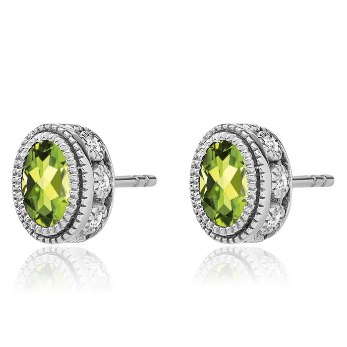 14K Solid White Gold Oval Green Peridot Diamond Stud Earrings August Birthstone Jewelry