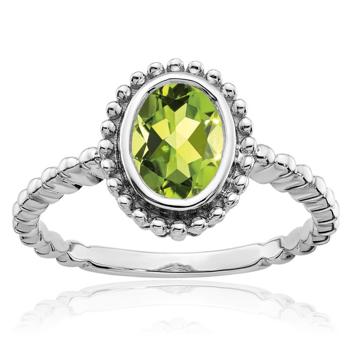 10K Solid White Gold Oval Green Peridot Ring Gemstone Band