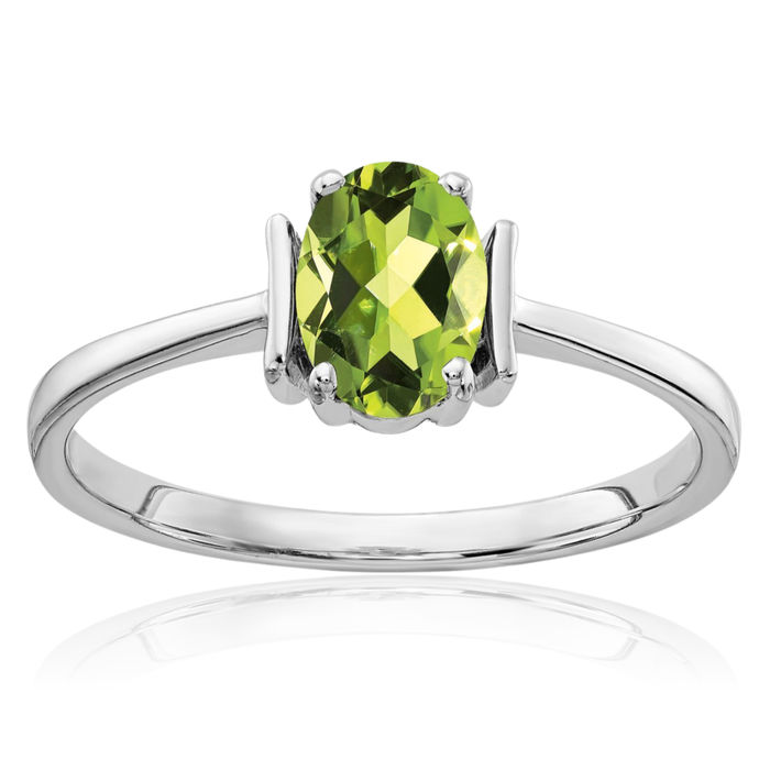 14K Solid White Gold Oval Green Peridot Ring Gemstone Band August Birthstone Jewelry