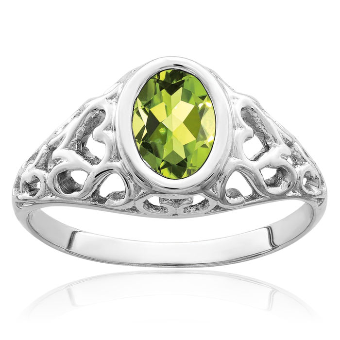 14K Solid White Gold Oval Green Peridot Ring Gemstone Band August Birthstone Jewelry