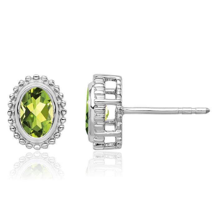 14K Solid White Gold Oval Green Peridot Stud Earrings August Birthstone Jewelry