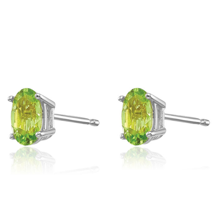 14K Solid White Gold Oval Green Peridot Studs Gemstone Earrings August Birthstone Jewelry