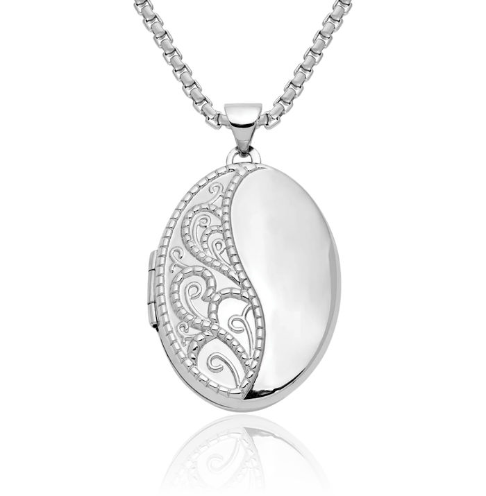 14K Solid White Gold Oval Personalized Photo Locket Necklace Picture Pendant Charm