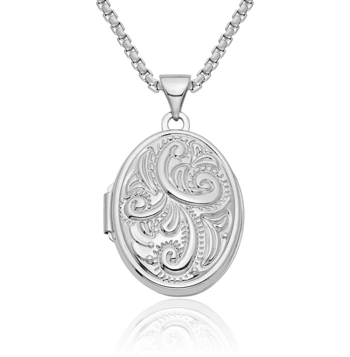 14K Solid White Gold Oval Personalized Photo Locket Necklace Picture Pendant Charm