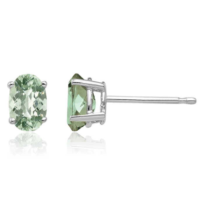 14K Solid White Gold Oval Checker Cut Green Quartz Studs Gemstone Solitaire Earrings August Birthstone Jewelry